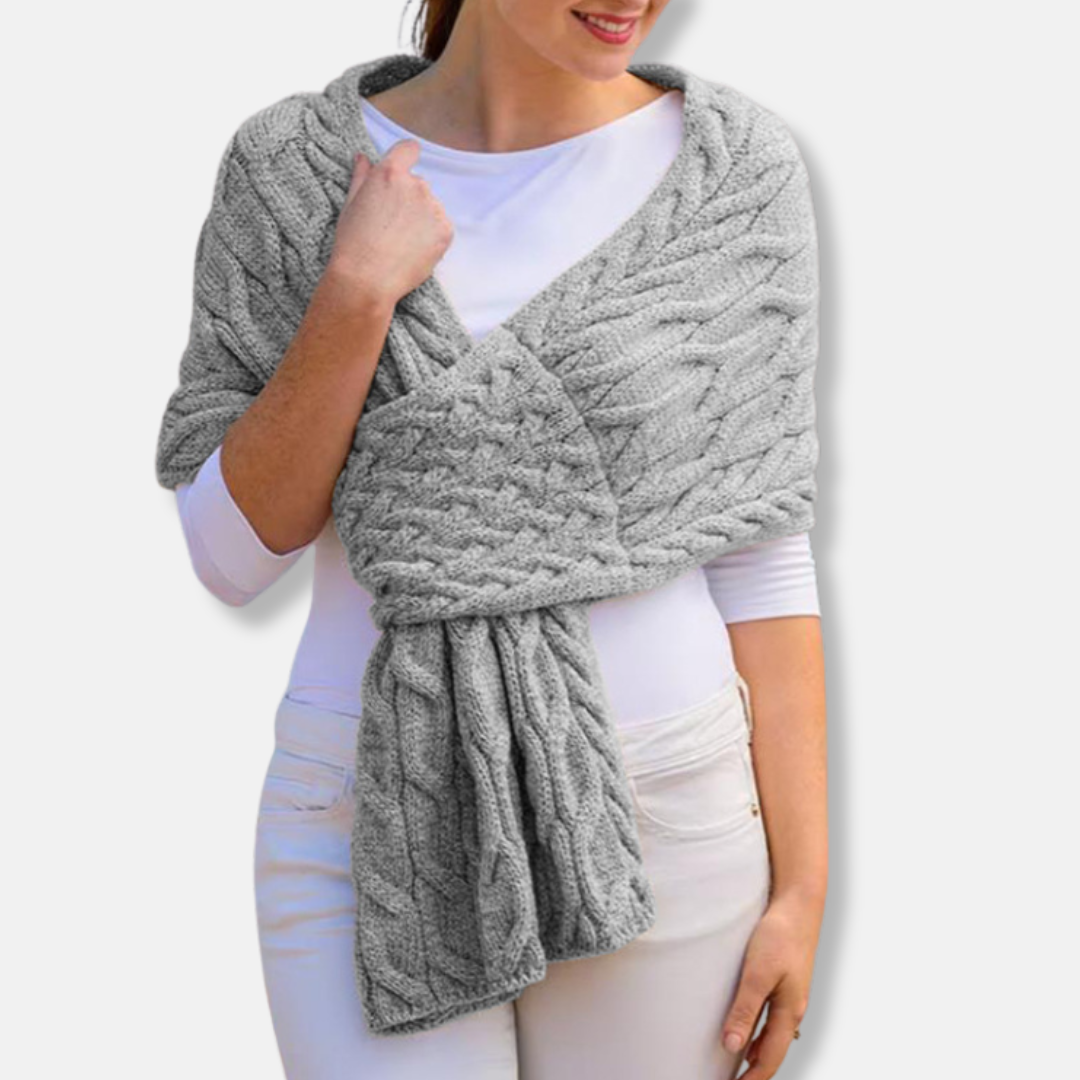 Women's wool shawl scarf in cable knit pattern, long draped coverage for luxurious winter warmth