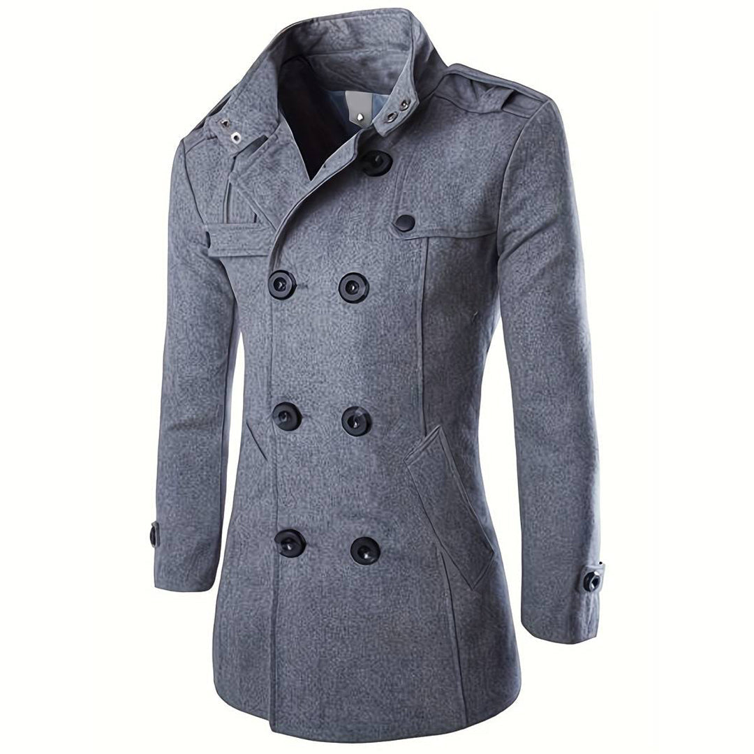 Men's charcoal wool jacket tailored double-breasted high collar with epaulettes professional style
