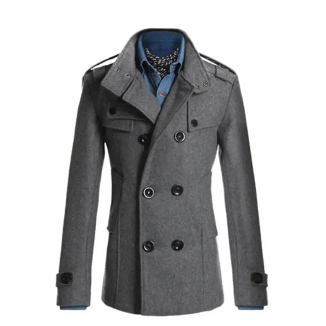 Men's charcoal wool blend double-breasted tailored coat with classic cut for modern professionals