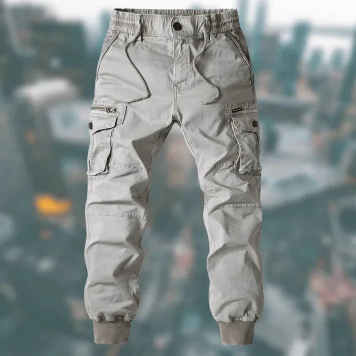 Beau men's cargo pants modern slim fit streetwear style with multi-pocket design in neutral tones