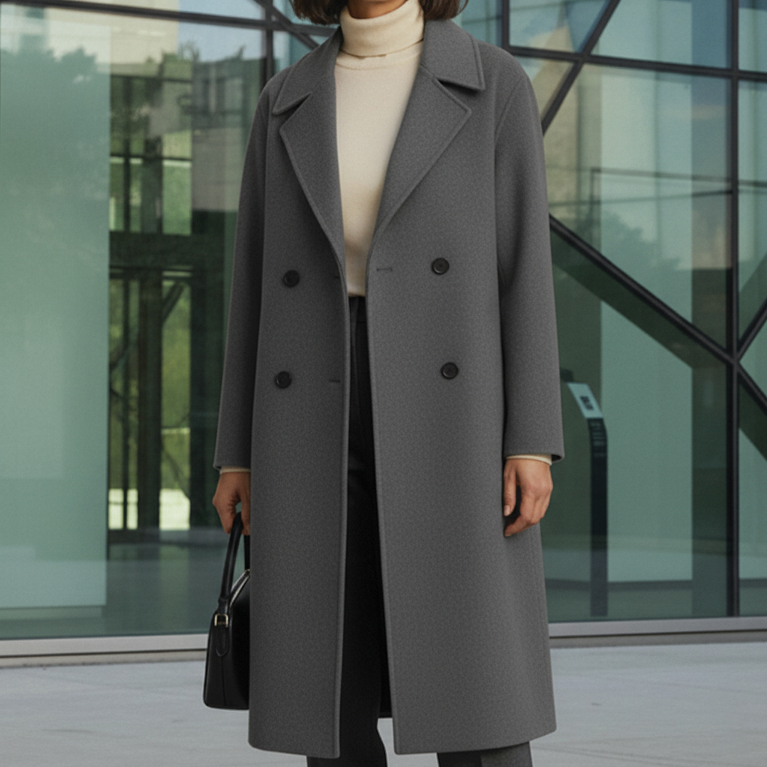 Women's elegant double-breasted knee-length trench coat with bold lapels, refined fall winter outerwear