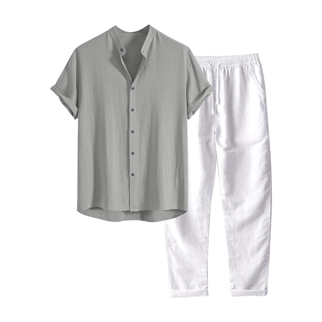 Men's breathable casual short-sleeve shirt and straight-leg pants summer two-piece set for travel