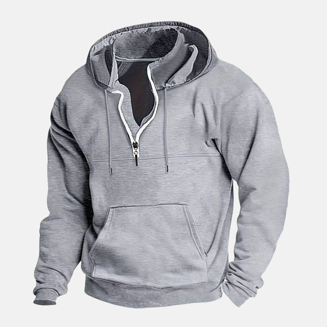 Men's gray cotton-blend quarter-zip hoodie with layered collar and relaxed silhouette