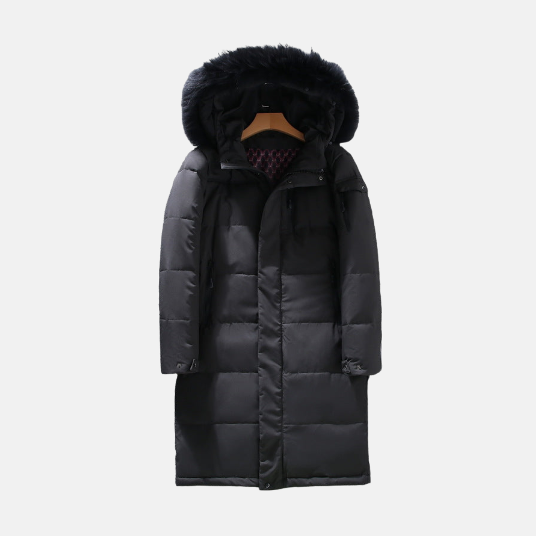 Men's longline matte puffer coat with faux fur trim hood, urban winter style in neutral tone