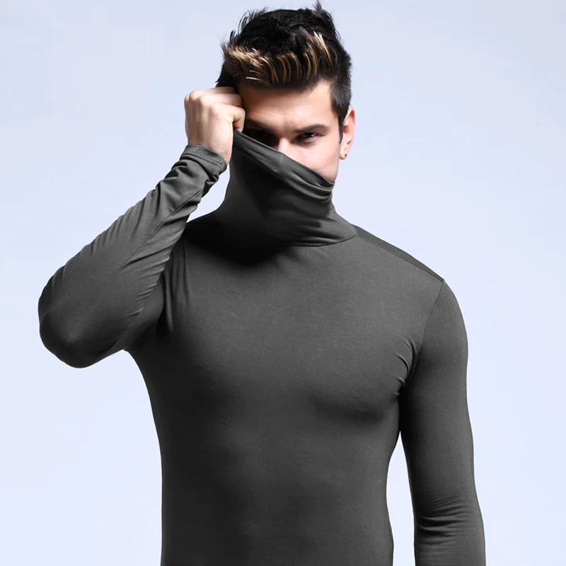 Fitted thermal long collar undershirt black base layer for cold weather outdoor athletic activities