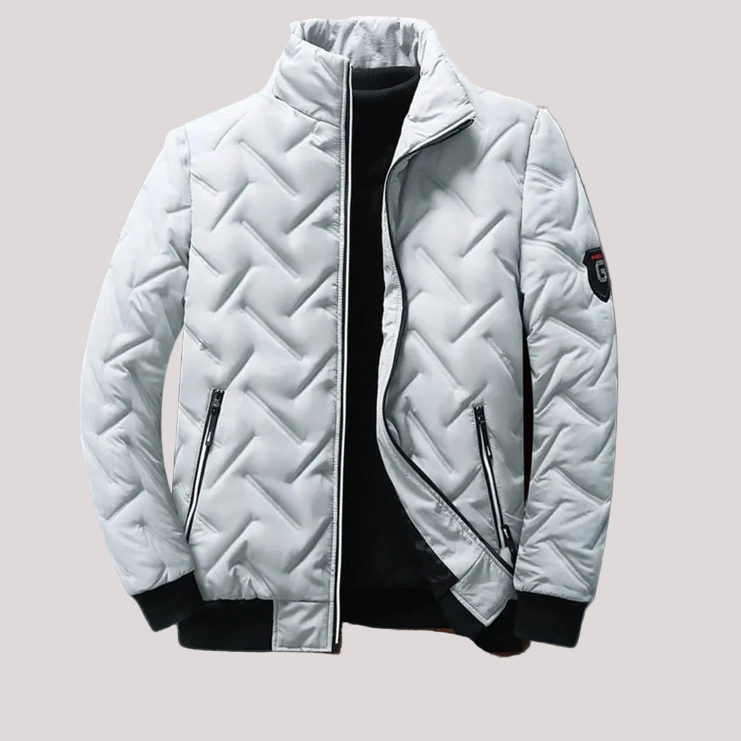 Men quilted zipper winter jacket with stand-up collar, insulated design and side zipper pockets