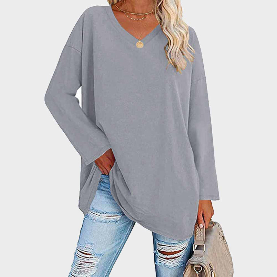 Addison women casual loose fit long sleeve top beige V-neck relaxed silhouette everyday comfort