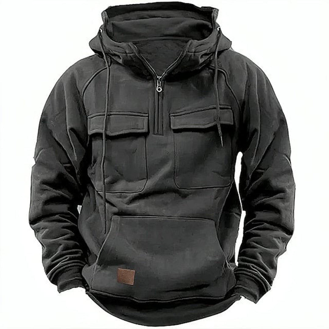 Men's grey half-zip hoodie relaxed fit breathable with chest pockets and drawstring hood