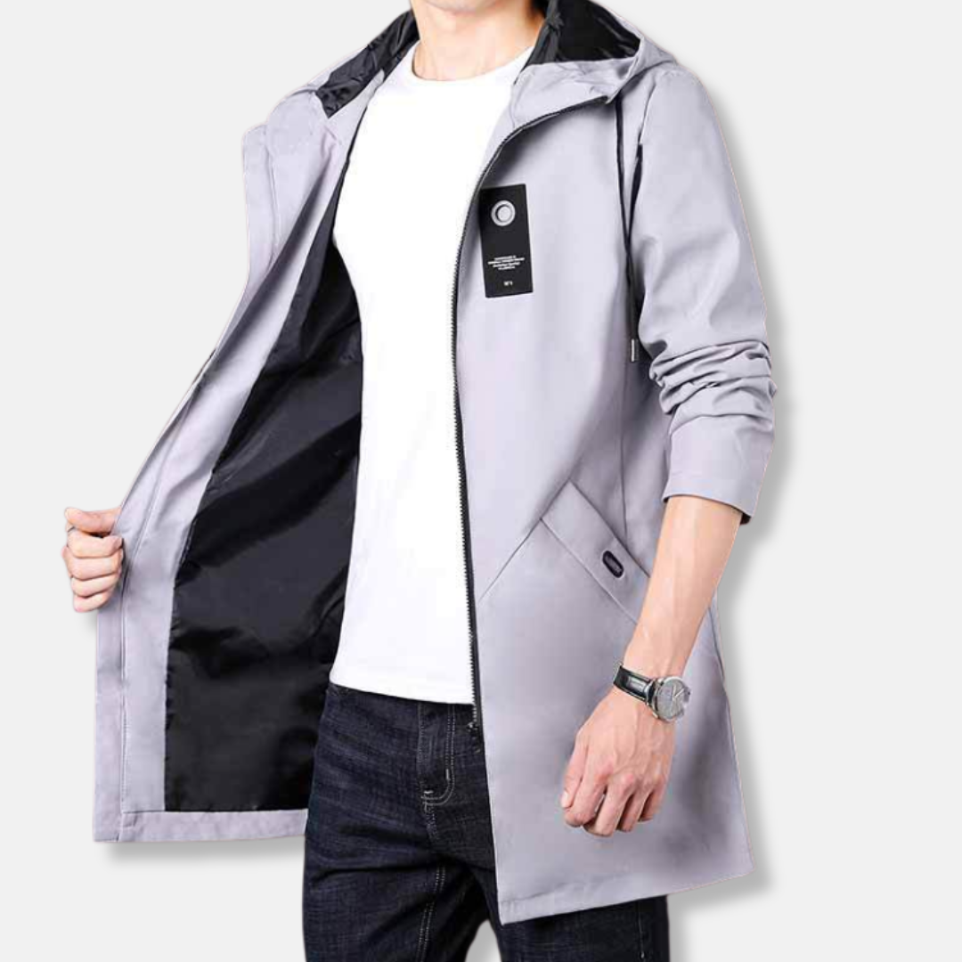 Men's woven hooded coat zipper closure mid-thigh smart casual urban style versatile outerwear