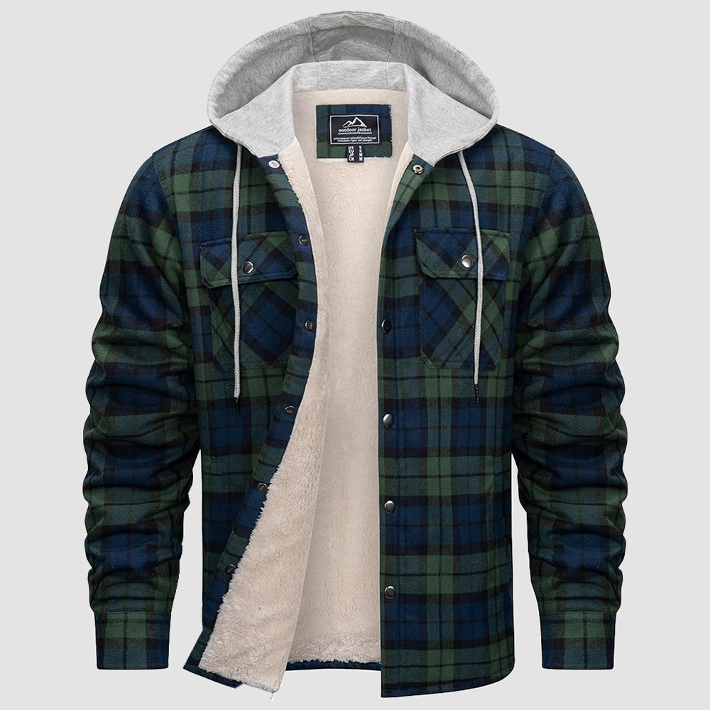 Men's plaid flannel hoodie jacket with sherpa lining, windproof hood, classic cozy winter style