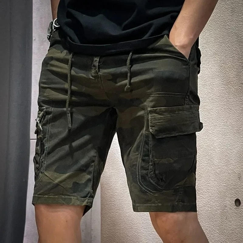 Men's camouflage cargo shorts six-pocket utility cotton drawstring waist explorer style