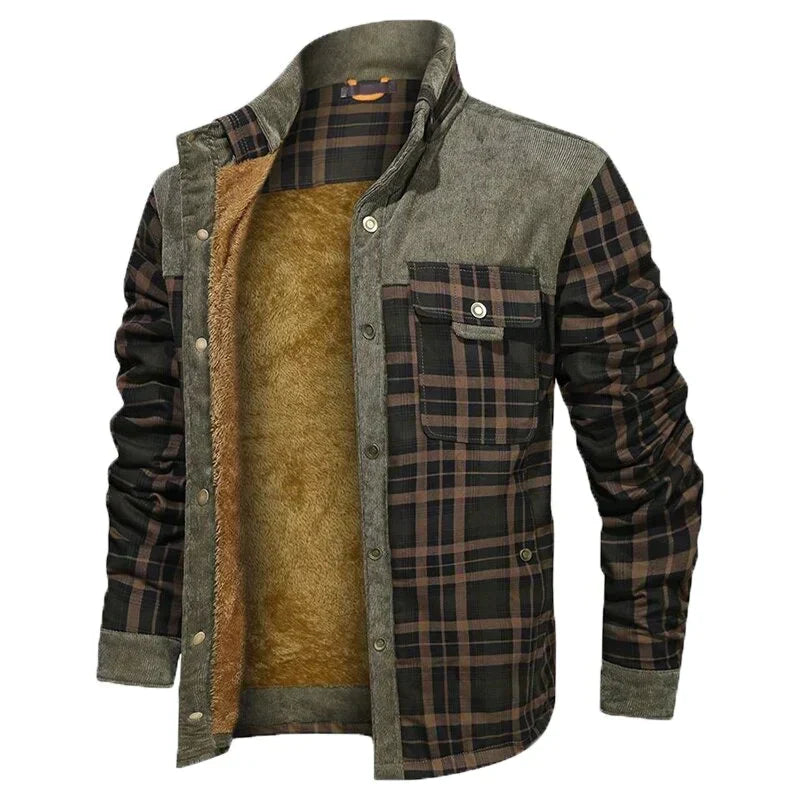 Men's checked winter jacket structured fit lined interior practical pockets cold weather outerwear