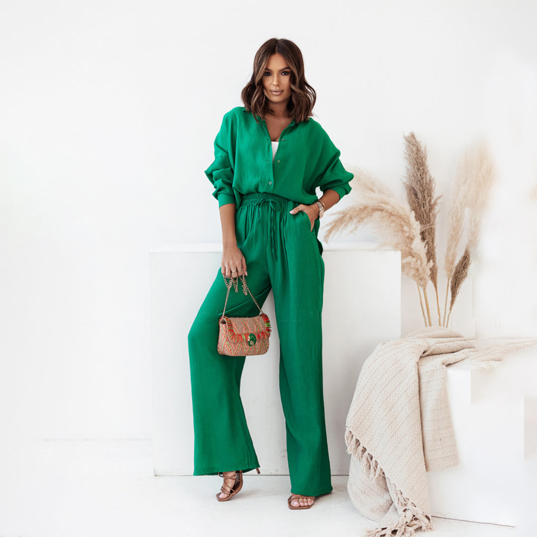 Olivia women's two-piece casual set light cotton long-sleeve top matching crepe pants loose fit summer