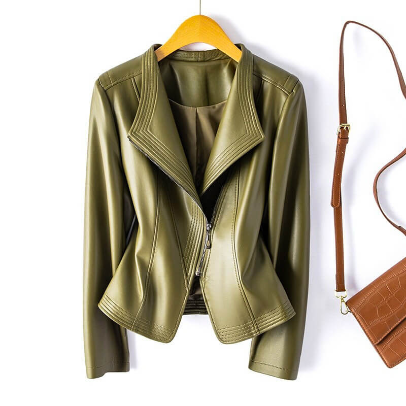 Women's black vegan leather jacket structured fit asymmetrical zip elegant modern chic silhouette