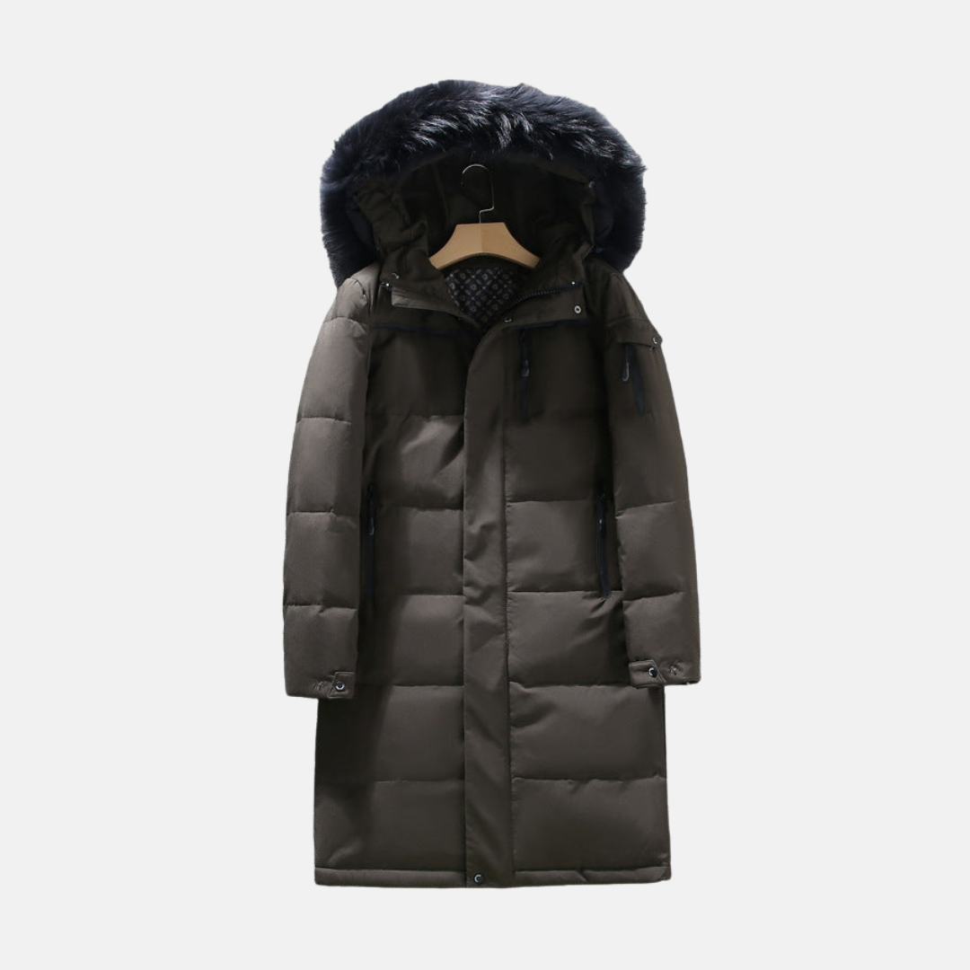 Men's longline matte puffer coat with hood and faux fur trim, urban winter style