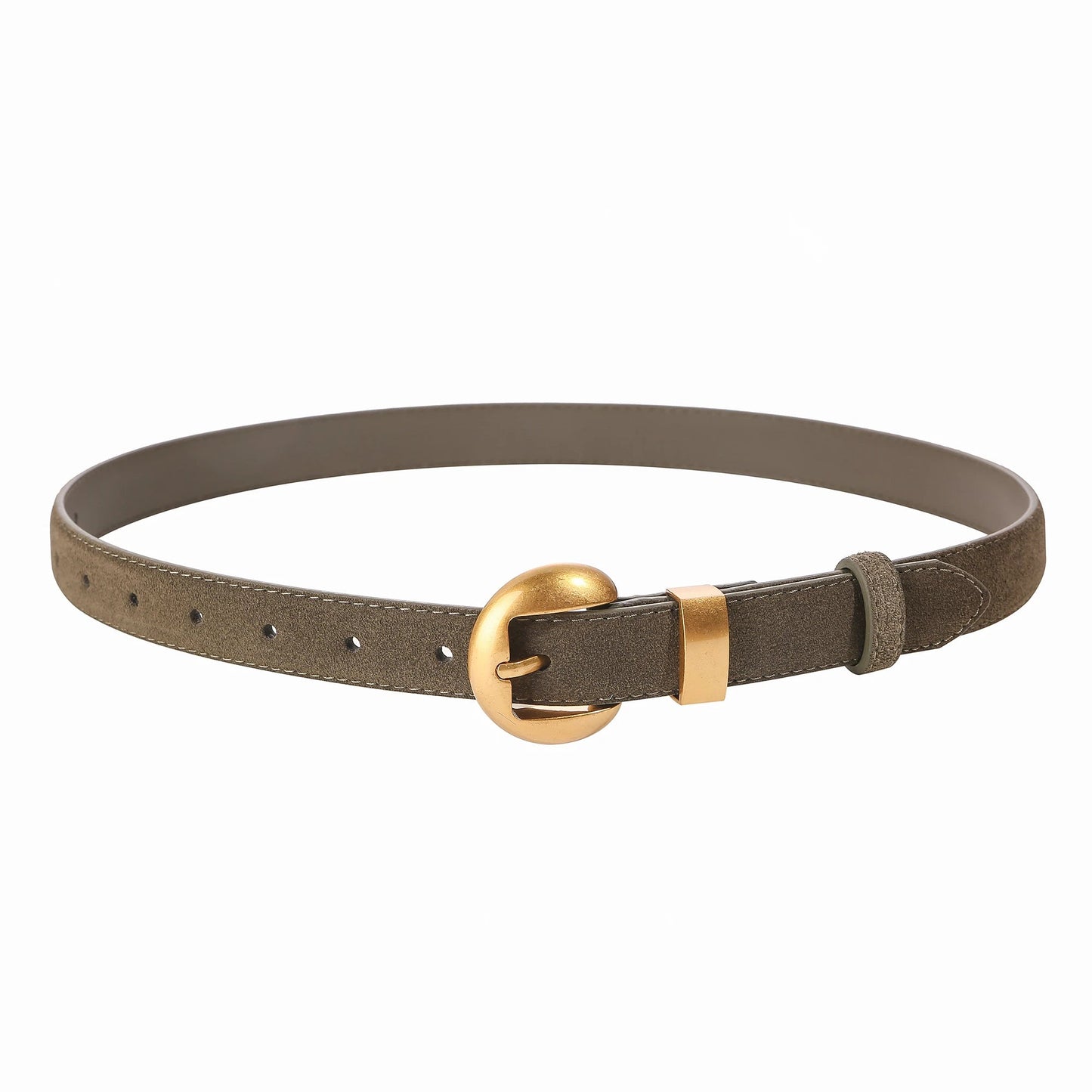 Women's tan suede cinch belt full-grain leather with brushed gold oval buckle, denim-ready