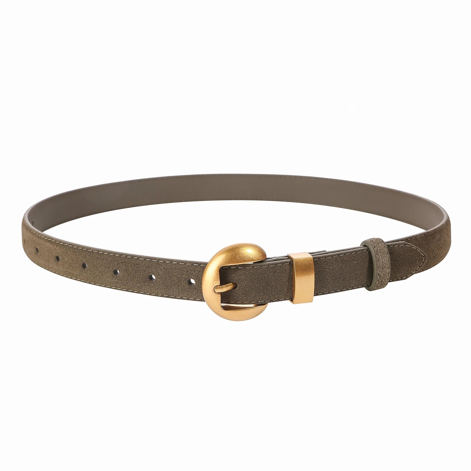 Women's tan suede cinch belt full-grain leather with brushed gold oval buckle, denim-ready