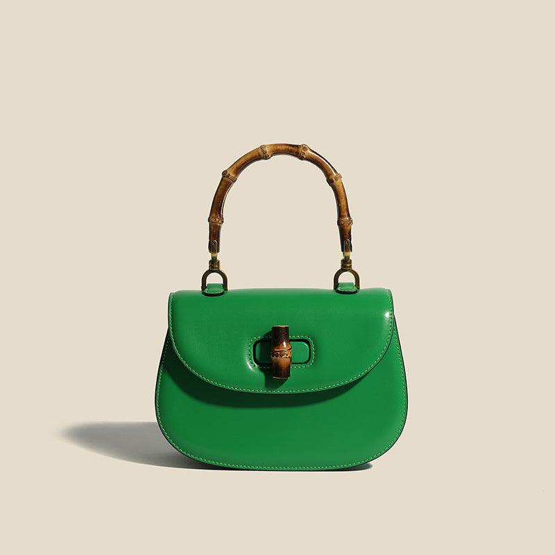 Sophie structured genuine leather handbag with elegant bamboo handle, timeless luxury design for women
