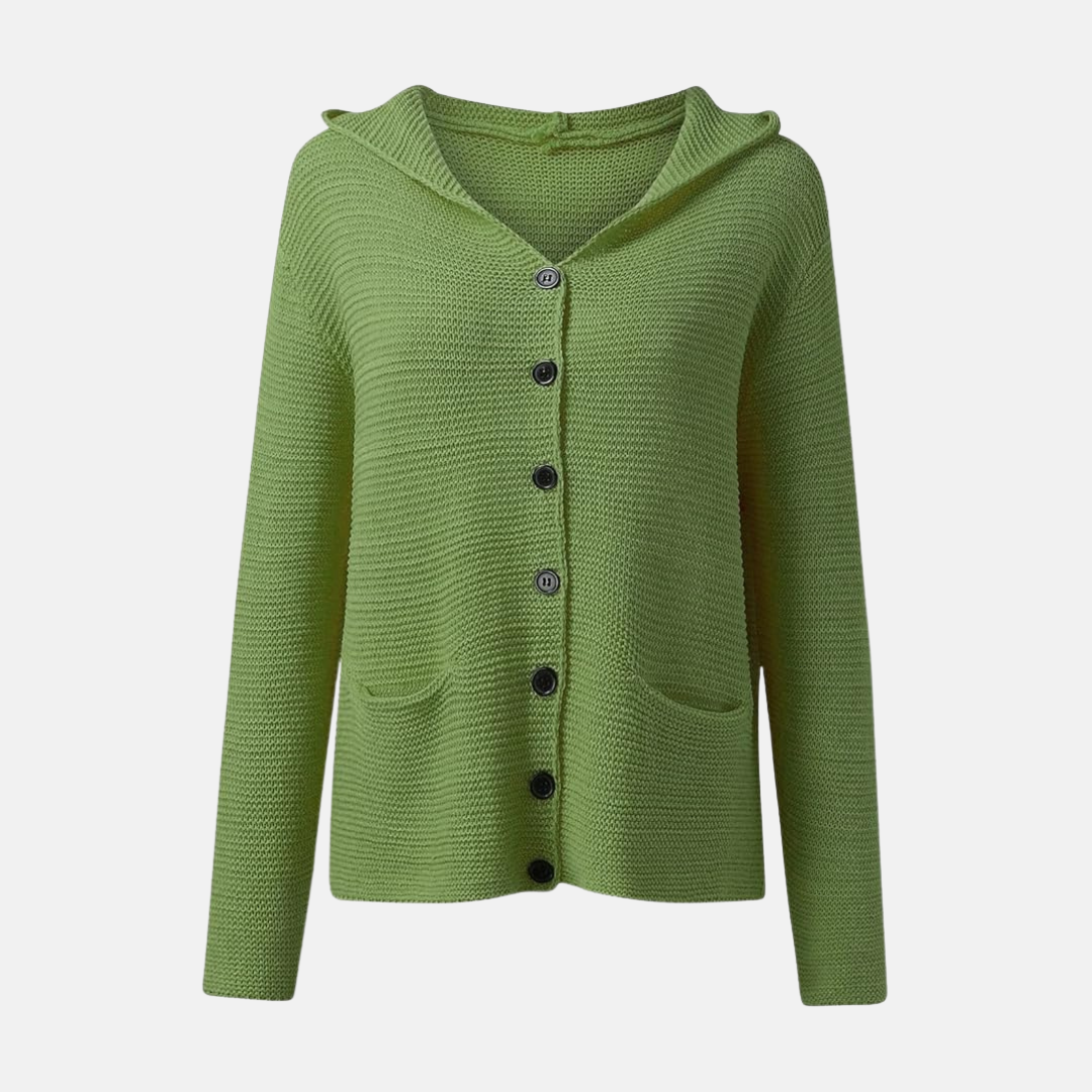 Women's heathered hooded knit cardigan relaxed fit button-front with patch pockets cozy layering essential