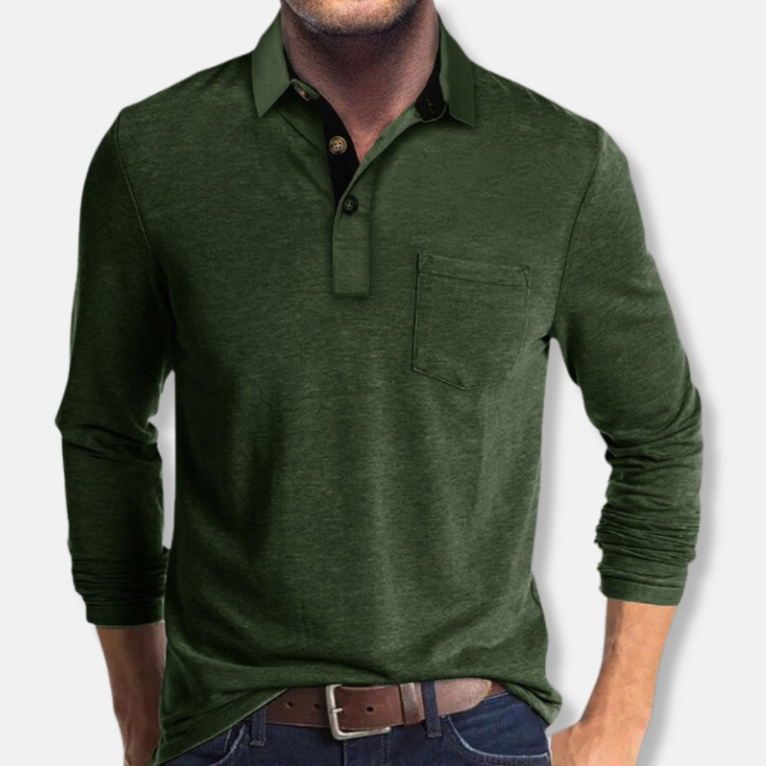 Men's cotton blend long sleeve polo shirt smart casual regular fit contrast collar