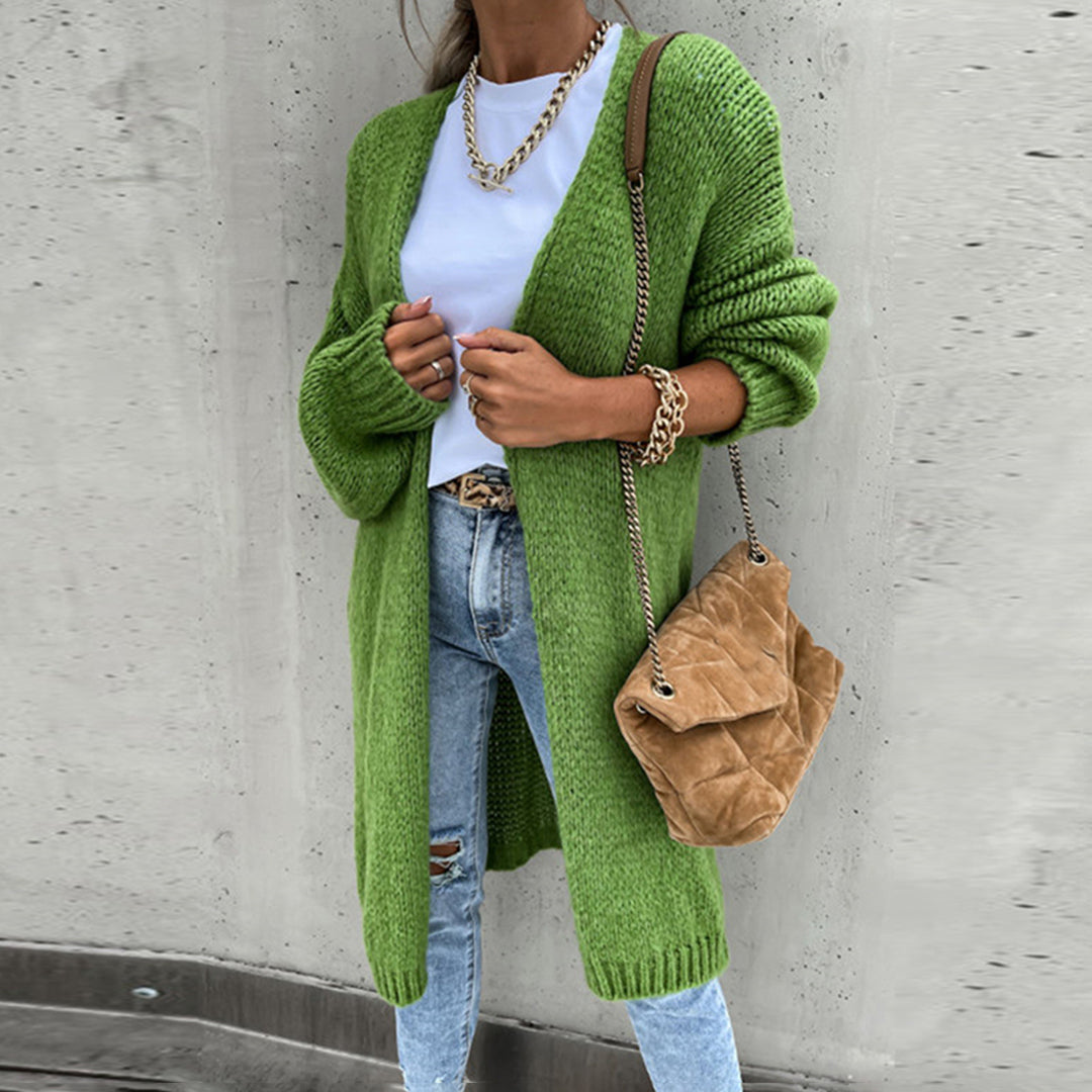 Women's relaxed fit long open-front cardigan in soft neutral tones for cozy everyday layering