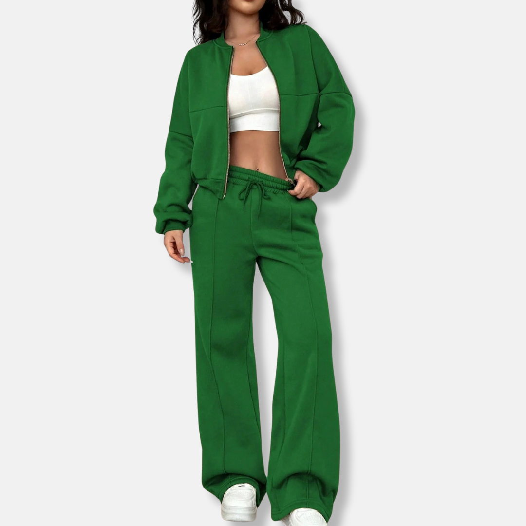 Women's two-piece loungewear set relaxed bomber jacket high-waisted wide-leg pants casual chic