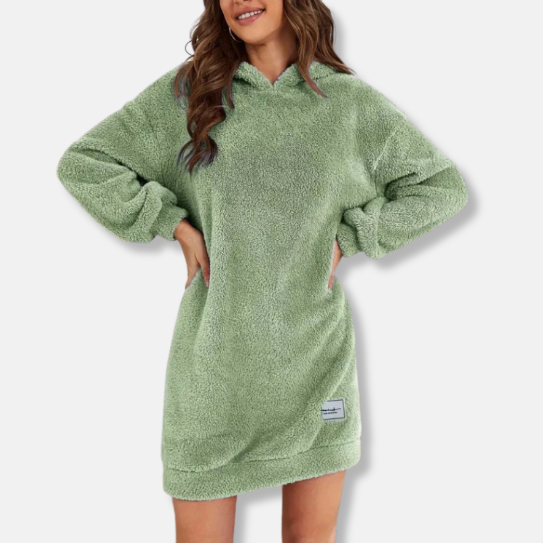 Women's oversized hoodie mini dress in plush fleece knit, cozy lounge silhouette with hood
