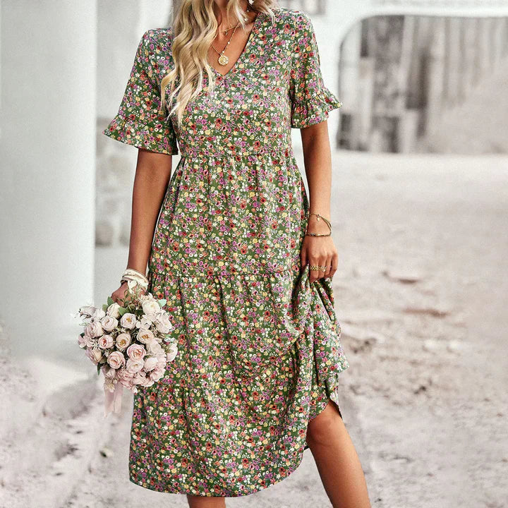 Floral print Lena women's summer dress, lightweight casual fit with vibrant all-over bloom pattern