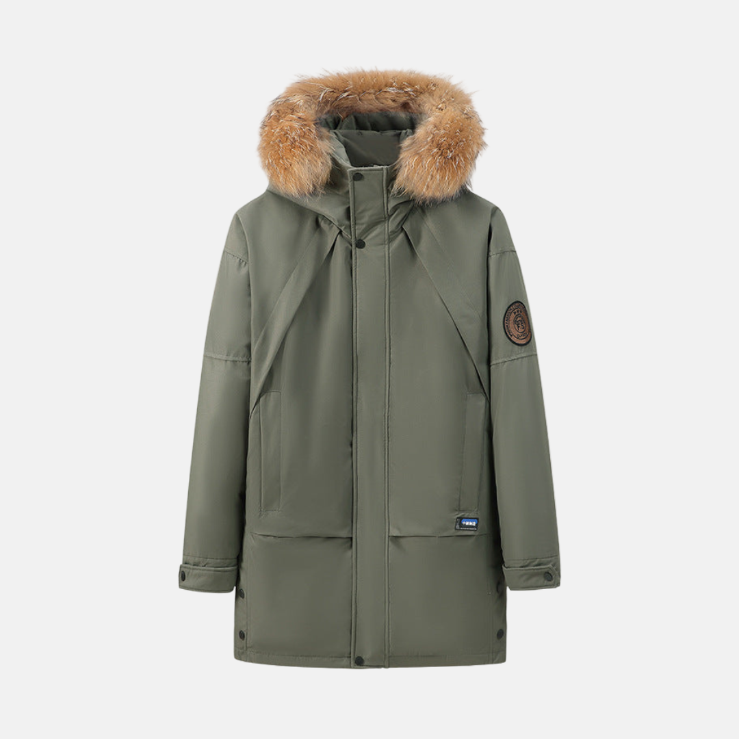Men's black mid-thigh parka hooded jacket with detachable faux fur trim, relaxed urban silhouette
