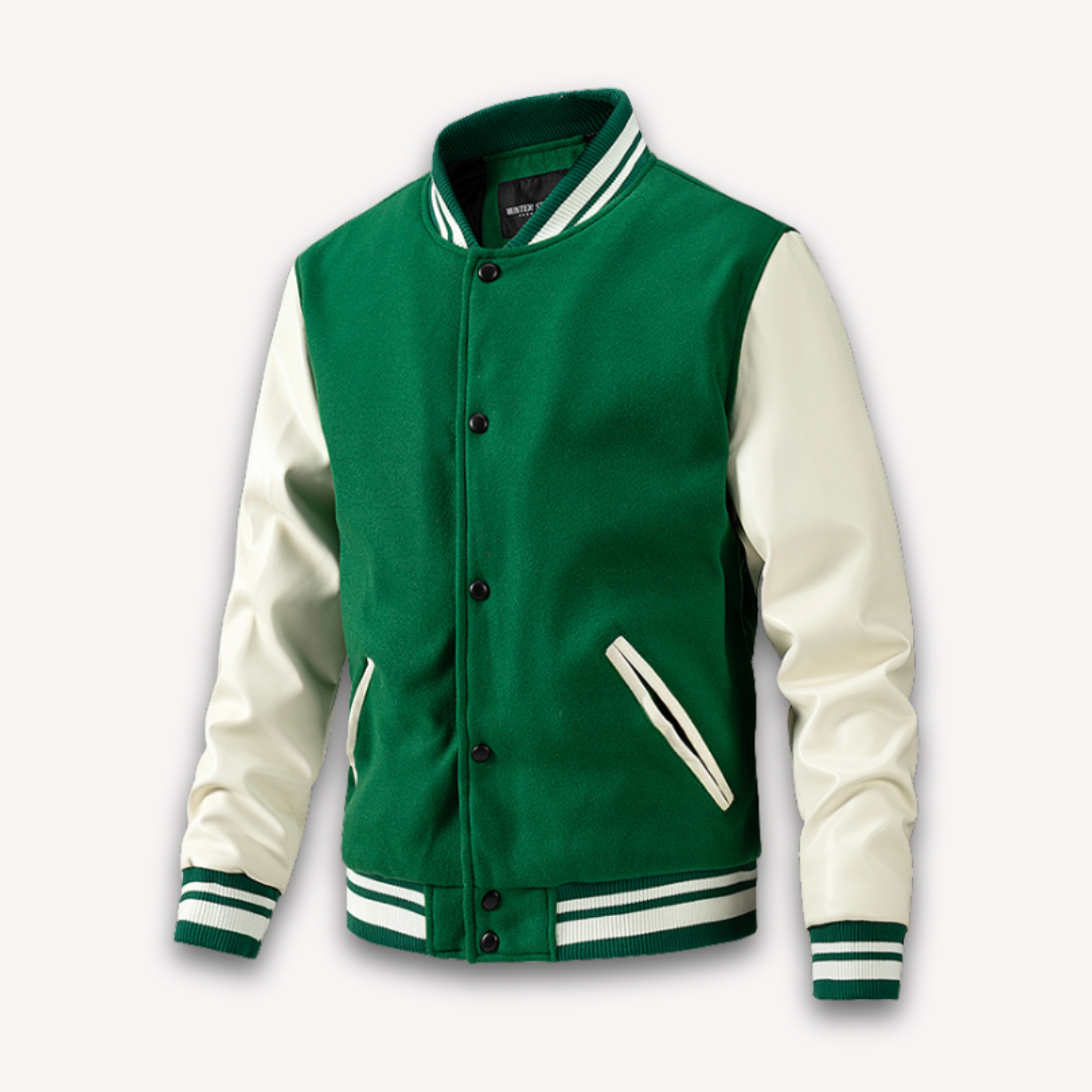 Men's black varsity jacket classic fit wool-look body leather-look sleeves snap button closure