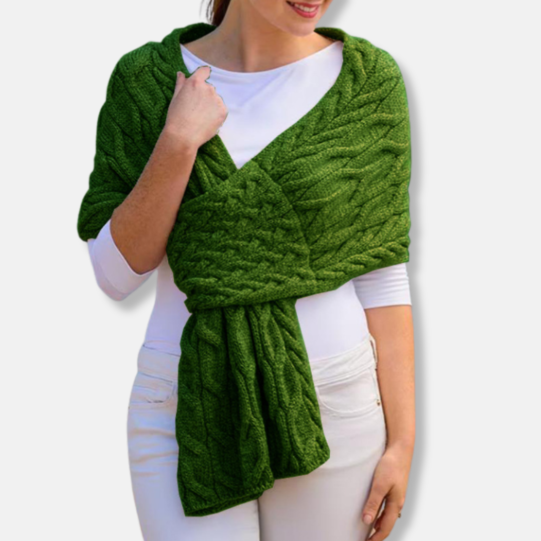 Women's wool shawl scarf in cable knit pattern, long draped coverage for luxurious winter warmth