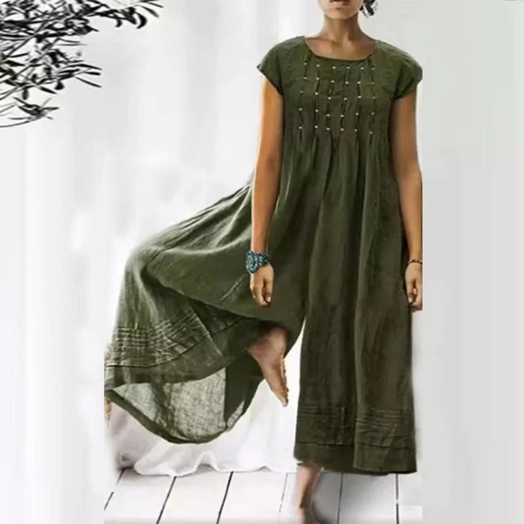 Women's bohemian long dress soft cotton blend, airy fit, short sleeves, round neck, vacation-ready lightweight silhouette