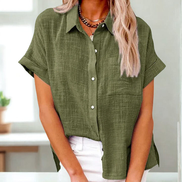 Women's casual linen button-up shirt with patch pocket, collared short sleeve, breathable natural fabric