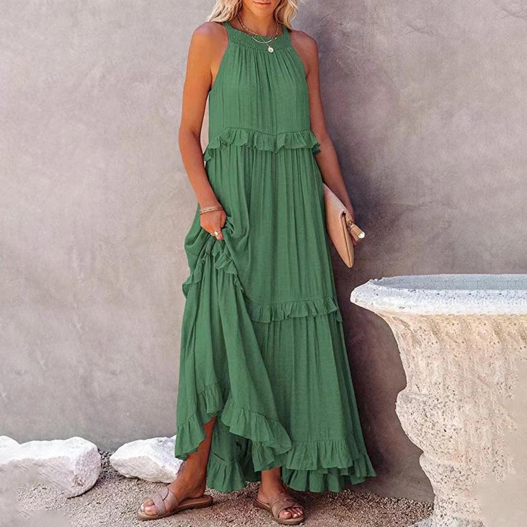 Women's sleeveless halterneck maxi dress, A-line silhouette in breezy summer style