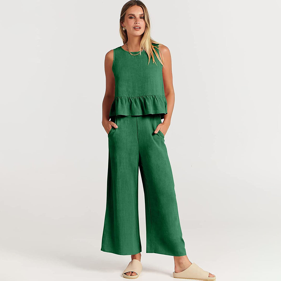 Women's vibrant two-piece set cropped top wide-leg pants bold summer colors breezy silhouette