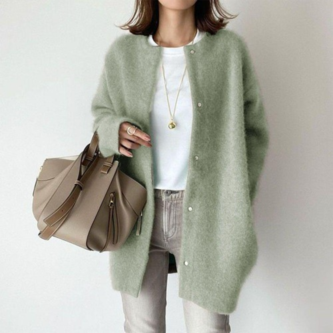 Women's elegant relaxed fit winter cardigan in warm tones with subtle button-down closure for cozy style
