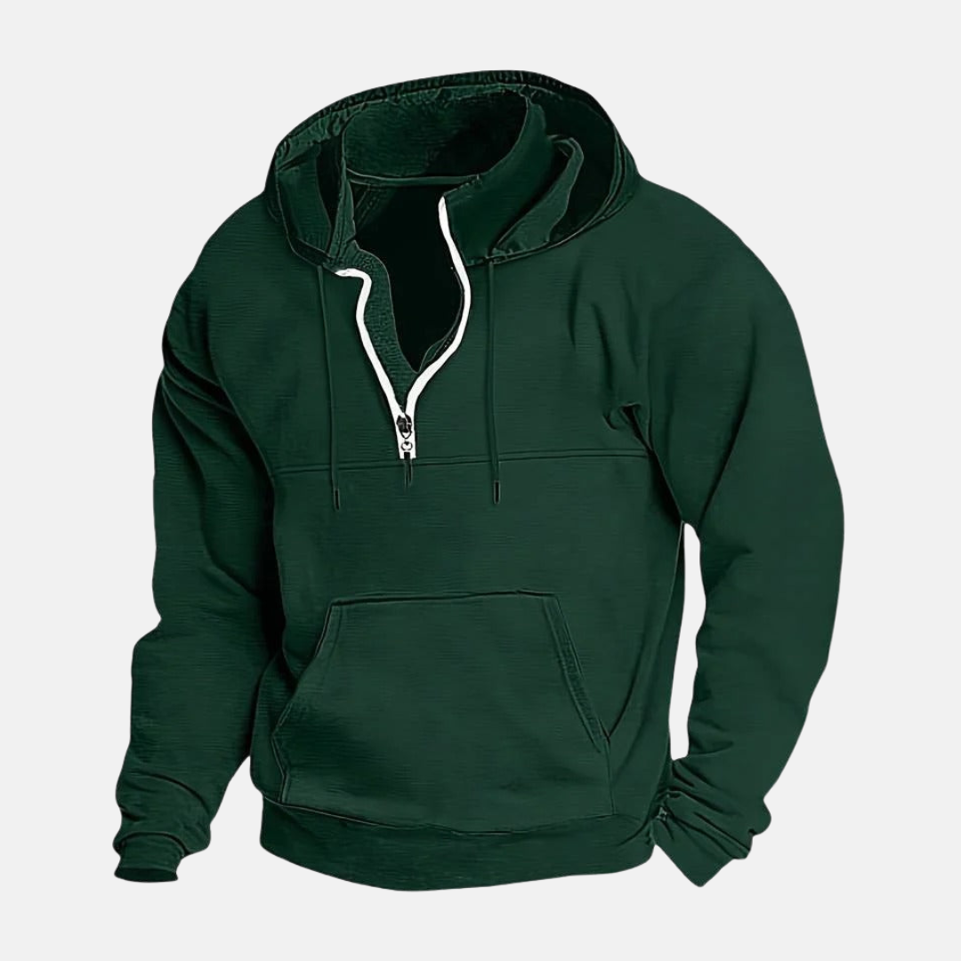 Men's cotton blend quarter zip hoodie with layered collar, relaxed fit casual pullover