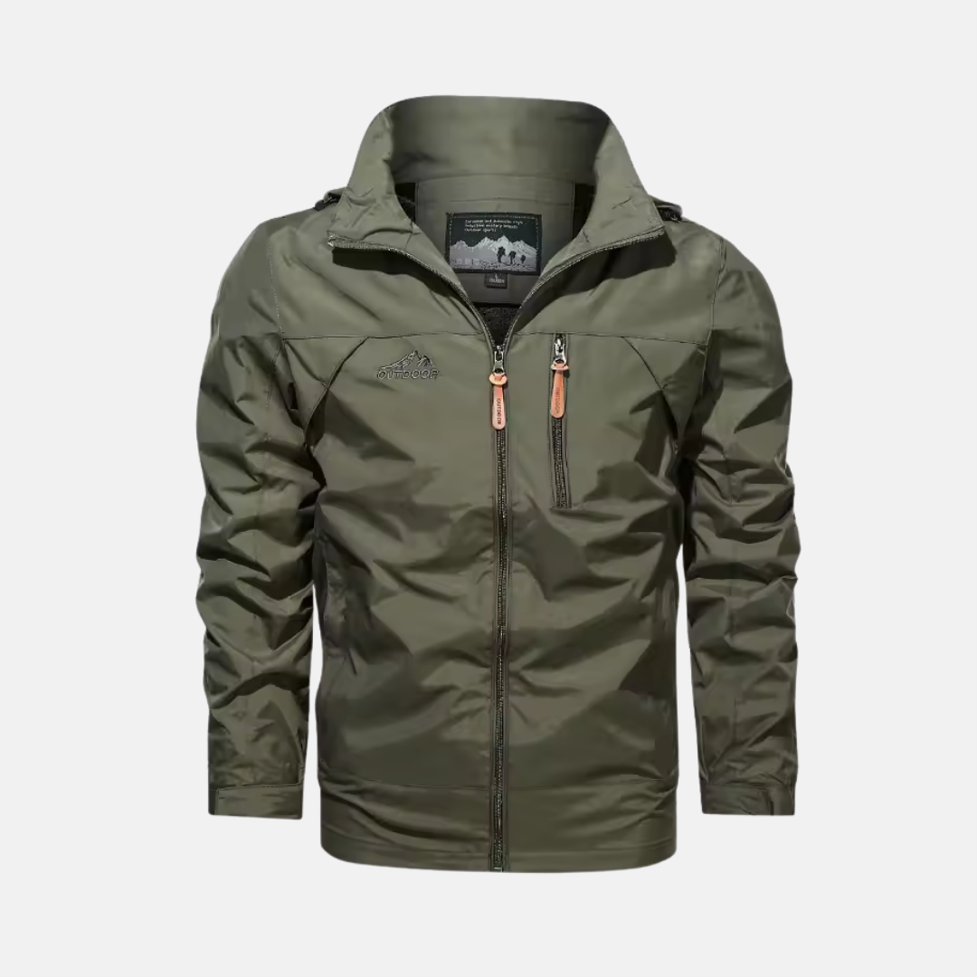 Men's lightweight water-resistant outdoor jacket high collar zip pockets regular fit urban hiking style