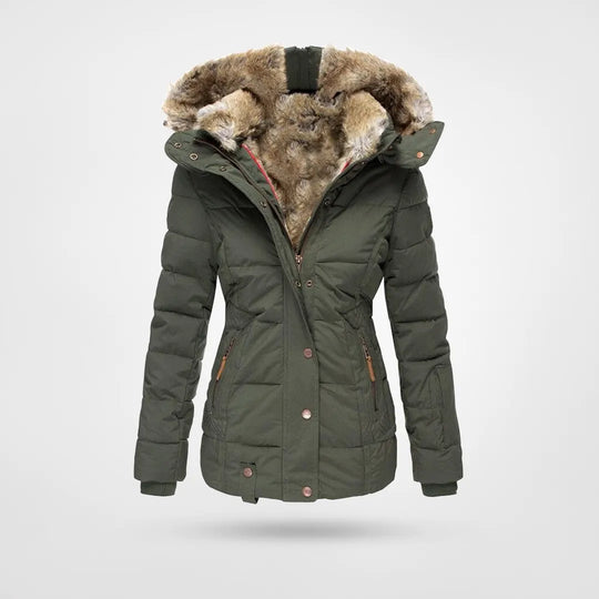 Women's black hooded padded jacket slim feminine fit with faux fur-lined hood for cold weather