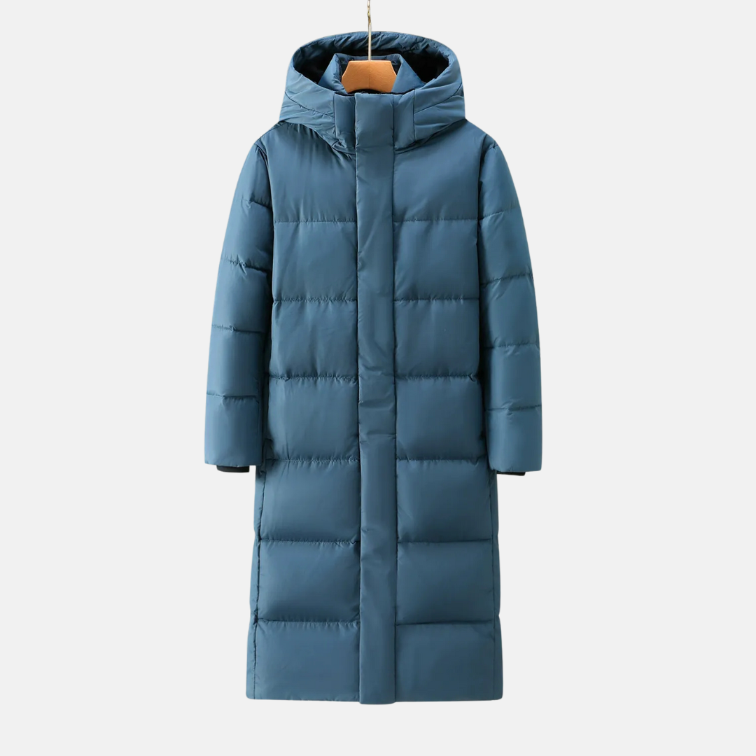 Men's full-length black hooded quilted nylon coat with distinctive diamond-stitch pattern for winter warmth