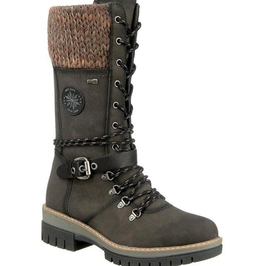 Women's brown lace-up winter boots with knit cuff, tall silhouette and side zip closure