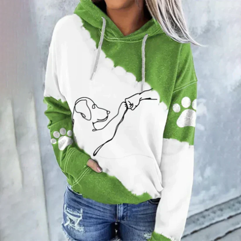 Relaxed fit dog print hoodie in neutral tones with playful all-over animal graphic for everyday wear