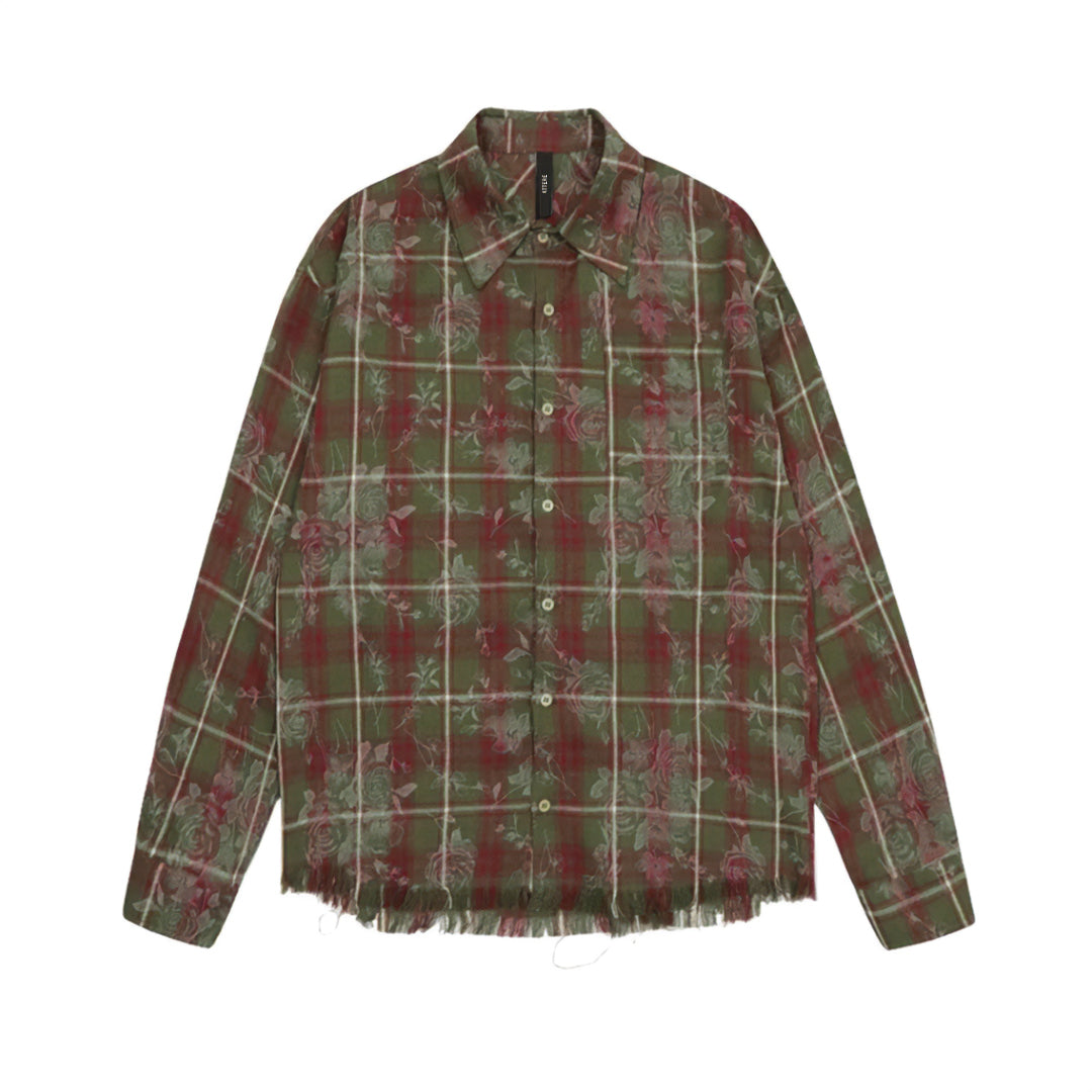 Women's rose plaid patchwork cotton shirt with frayed hem and floral rose overlay detail