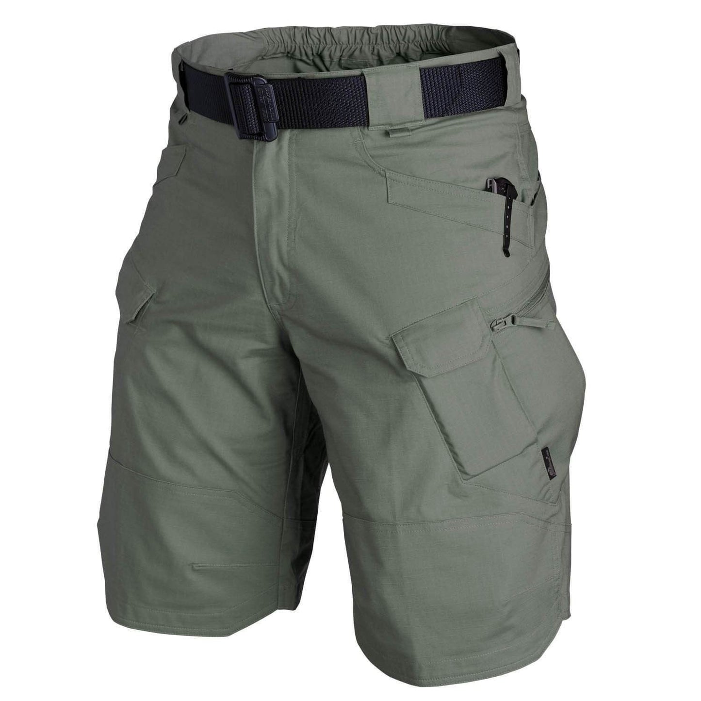 Men's lightweight outdoor hiking shorts in neutral tones with multiple utility pockets for travel adventures