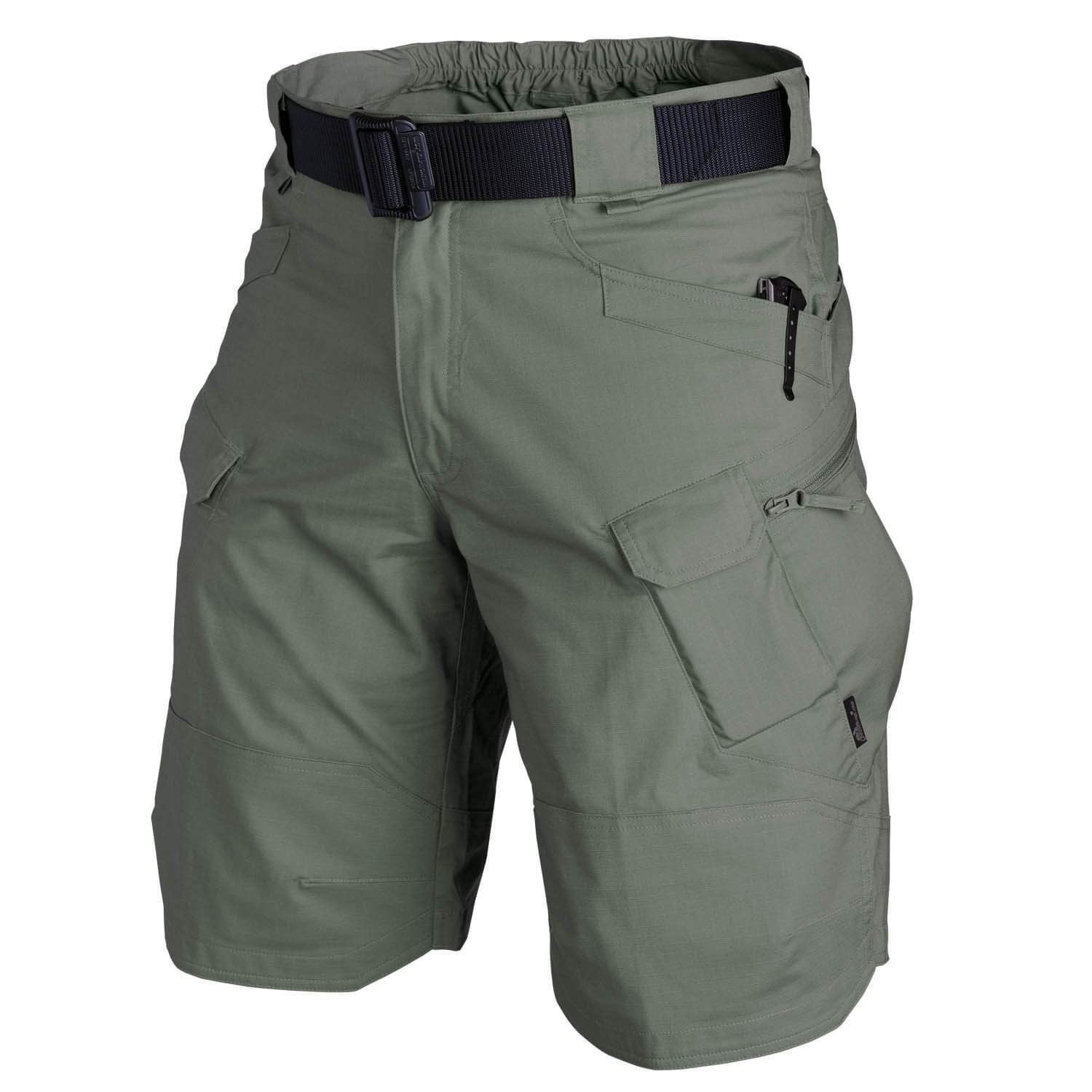Men's lightweight outdoor hiking shorts in neutral tones with multiple utility pockets for travel adventures