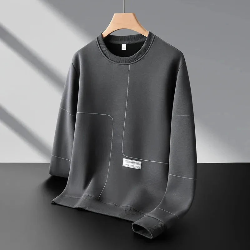 Men's grey crewneck sweatshirt minimal structured stitching soft premium cotton blend layering essential