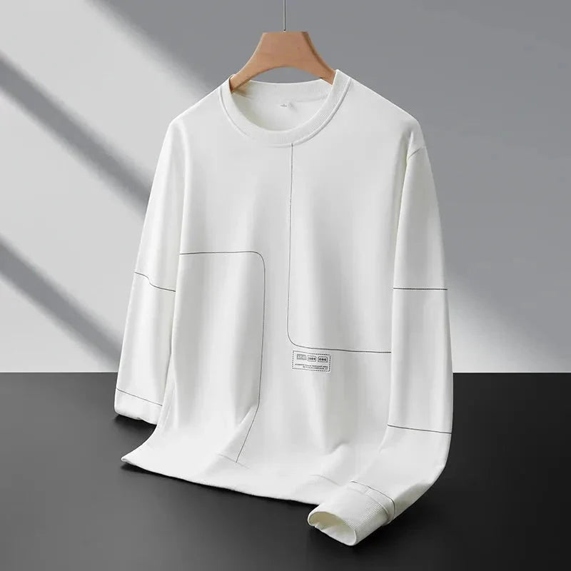 Men's grey crewneck sweatshirt minimal structured stitching premium cotton blend layering essential