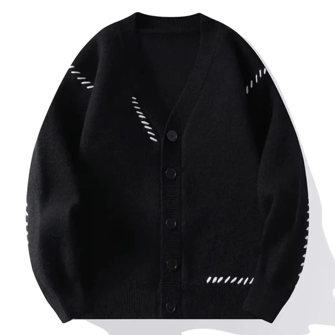 Men's relaxed-fit patchwork knit cardigan in multicolor V-neck design, warm casual streetwear layering piece