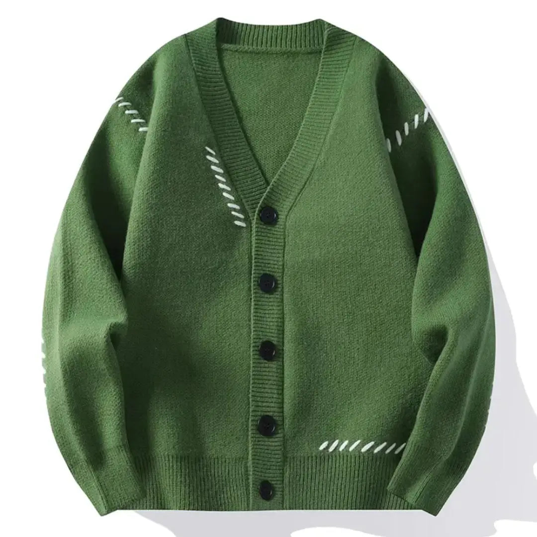 Men's relaxed-fit patchwork knit cardigan in warm tones with V-neckline for casual layering