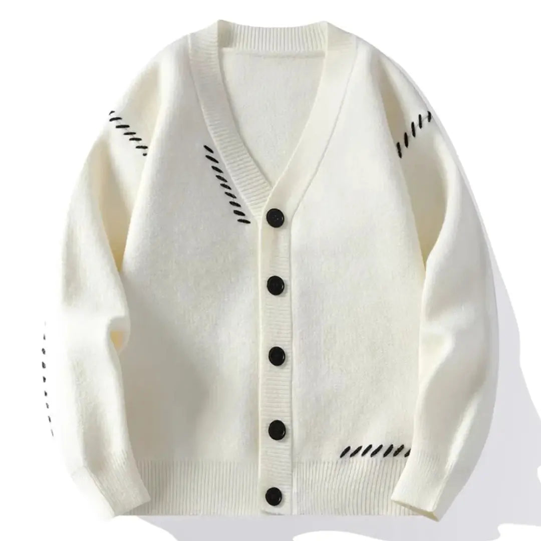 Men's relaxed fit v-neck patchwork knit cardigan warm layering streetwear casual sweater